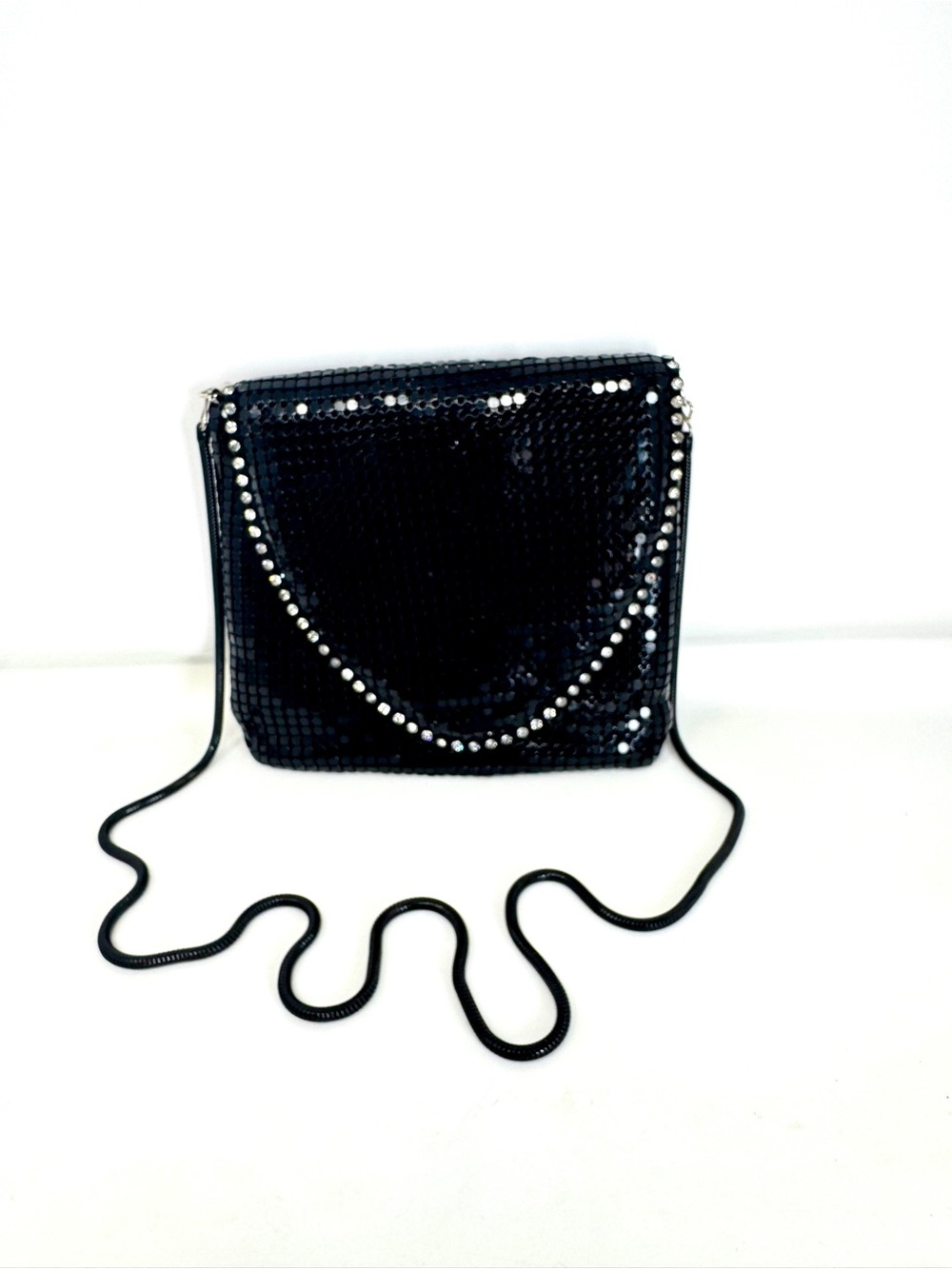 Vintage Black Metal Mesh Evening Bag Crossbody Made in Hong Kong Chainmail Purse